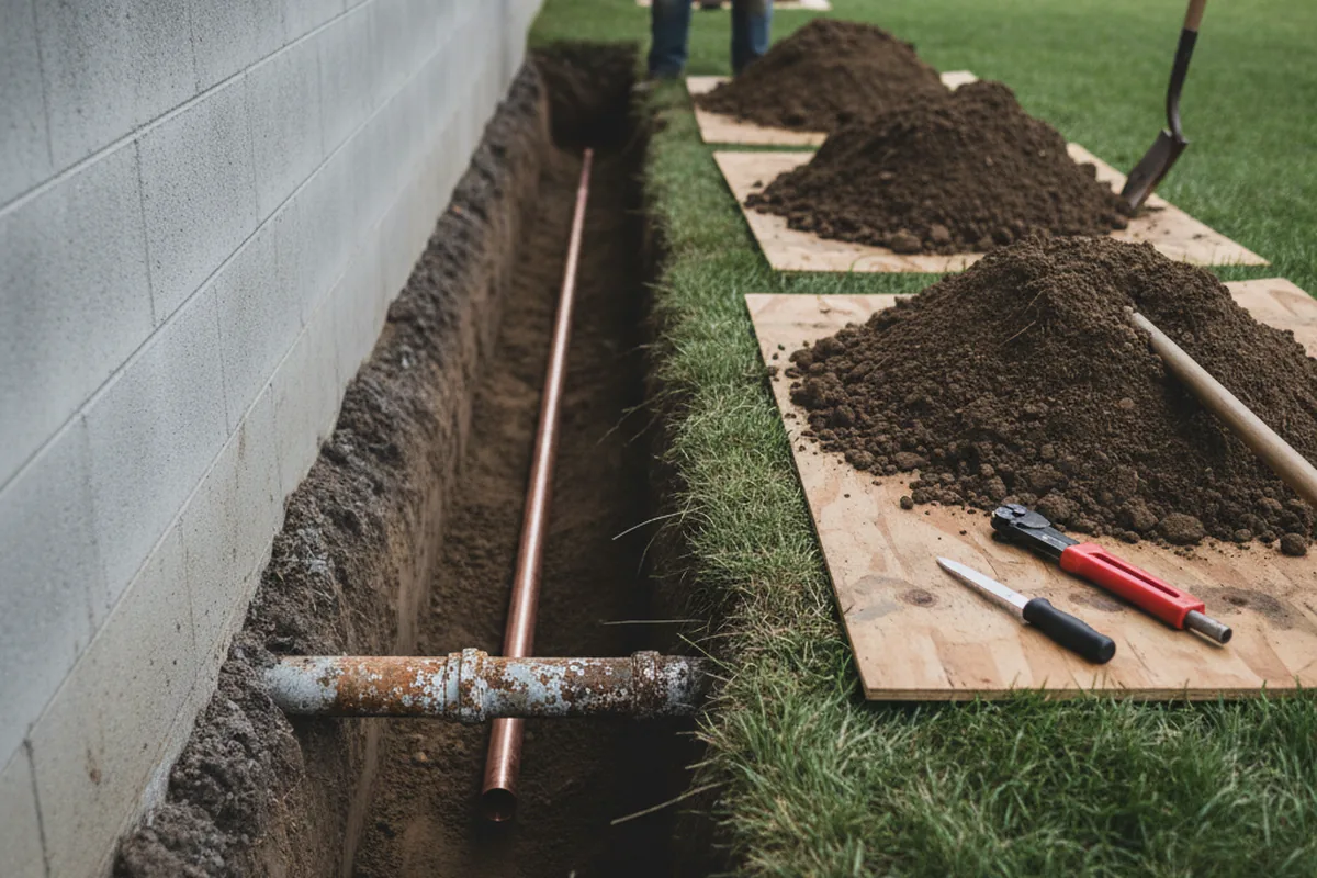 Excavated water line trench during Water Heater Repair in California Hot Springs